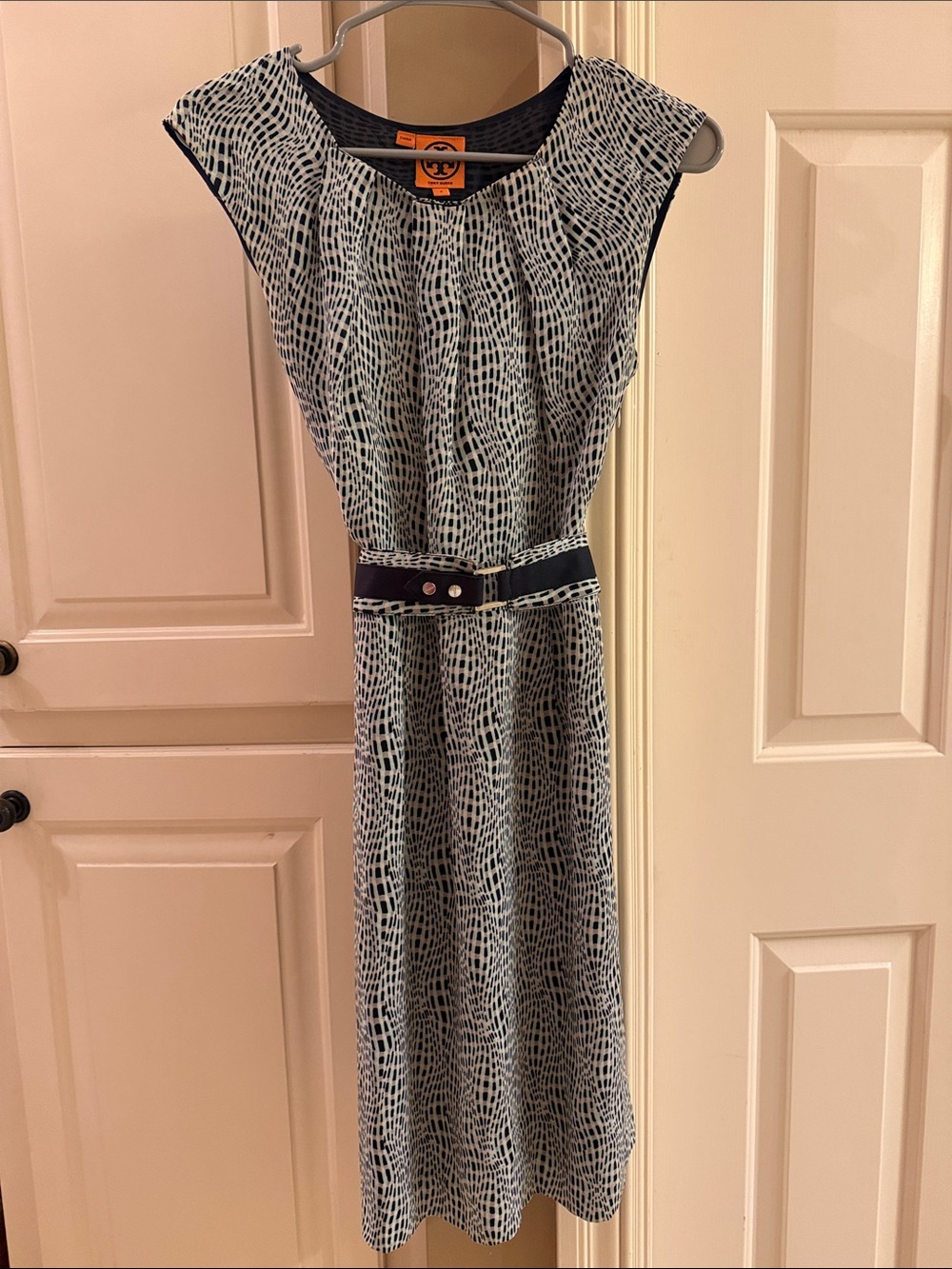 Tory Burch Navy & White Printed Cap-Sleeve Midi Dress with Belt